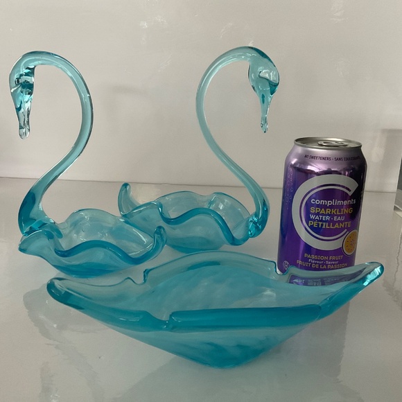 VINTAGE MCM GLASS SWANS AND DISH BOWL 3 PCS AQUA BLUE / WHITE MARBLED HANDBLOWN - Picture 6 of 8